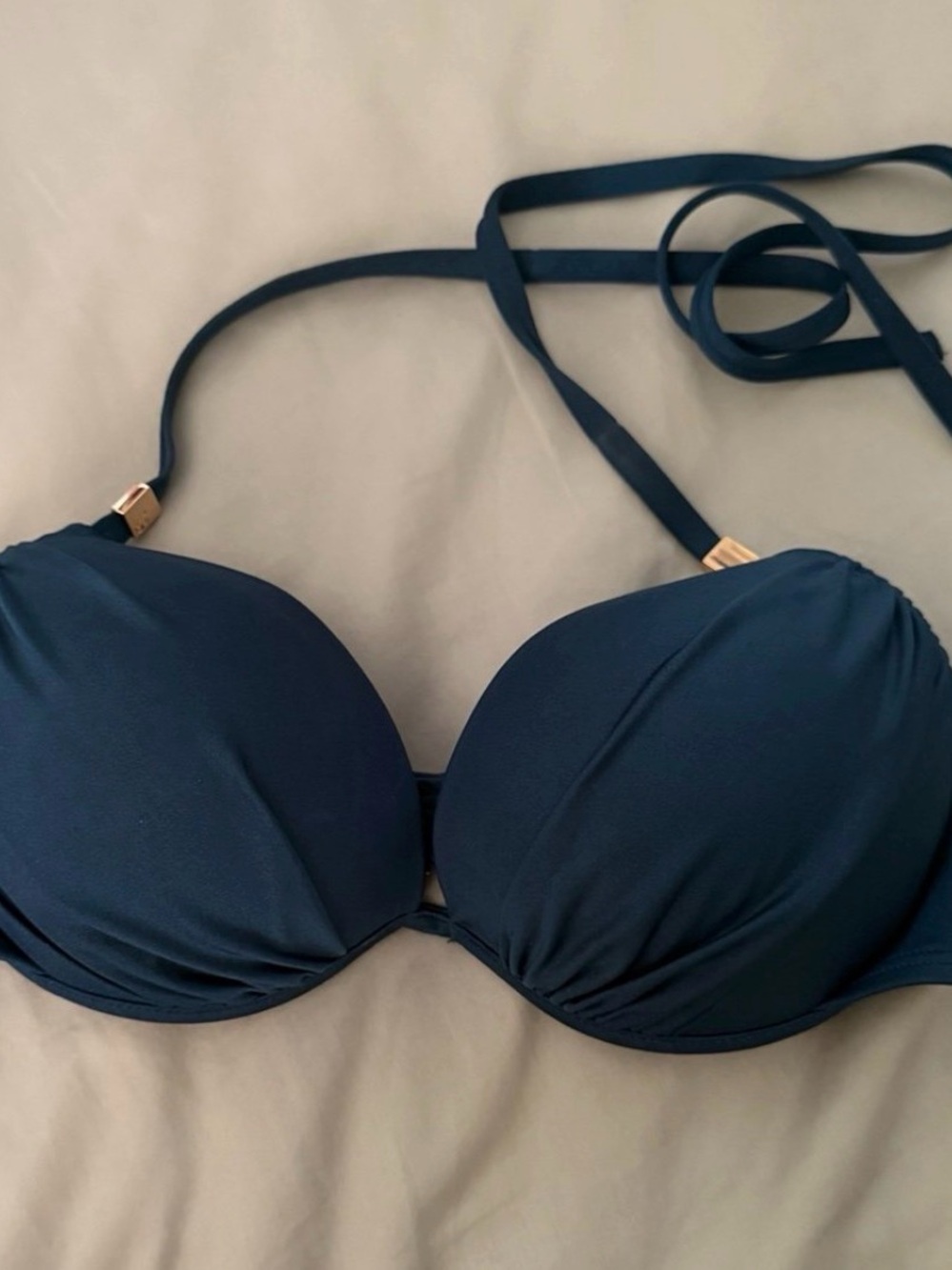 Victoria's Secret Navy Halter Push-Up Bikini Top with Gold Accents 34D